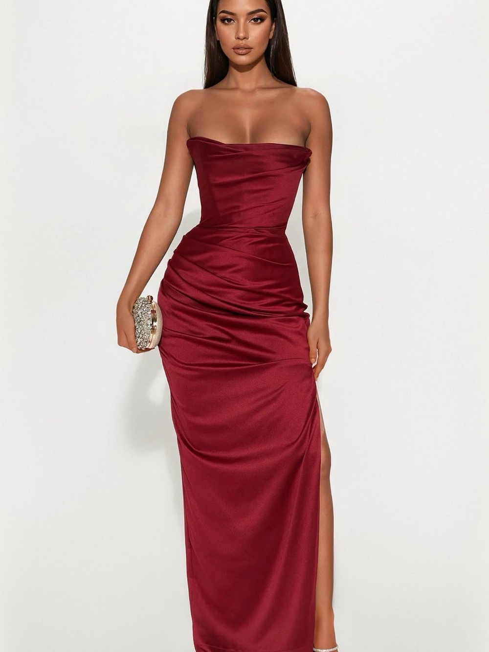 Fashion Nova Strapless Wine Red Satin Gown